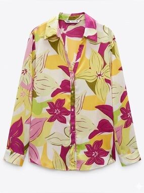 Zara Tropical Floral Button-Down Shirt in Pink, Yellow & Green